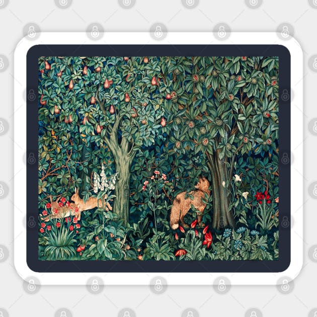 GREENERY, FOREST ANIMALS Fox and Hares Blue Green Floral Tapestry Sticker by BulganLumini